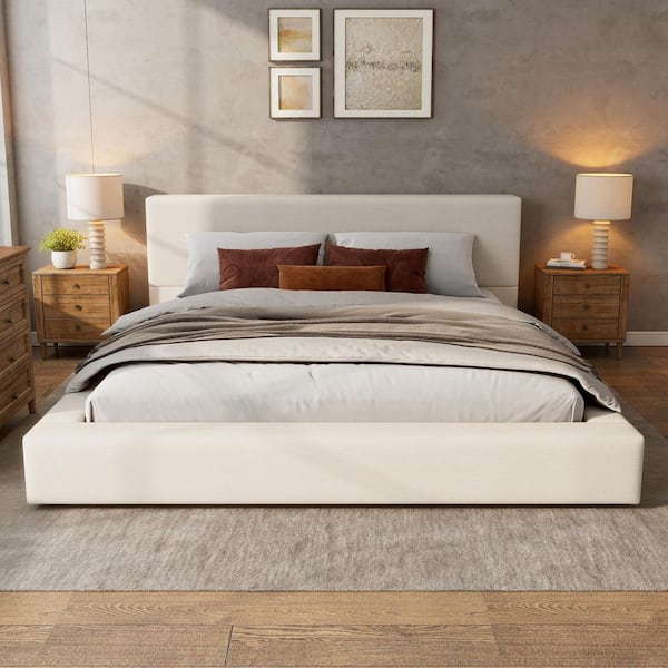 Feynor Modern Beige Linen Upholstered Wood Frame King Size Platform Bed with Thick Headboard