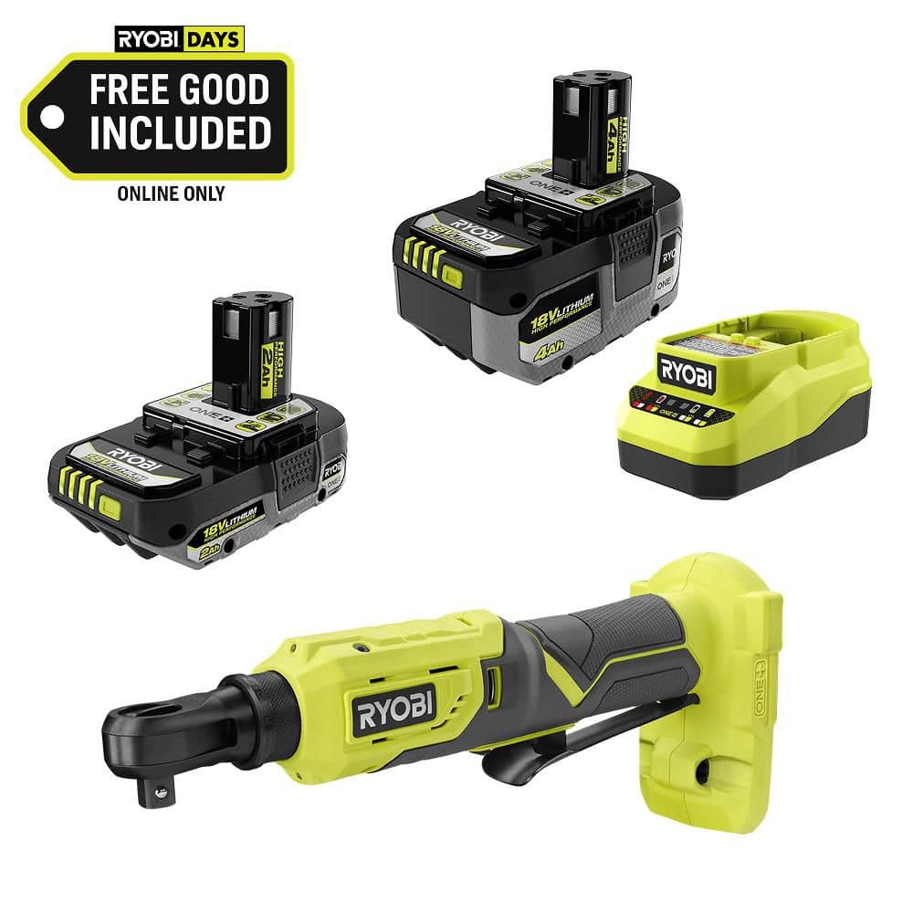 RYOBI ONE+ 18V Cordless 3/8 in. Ratchet Kit with 2.0 Ah Battery, 4.0 Ah ...