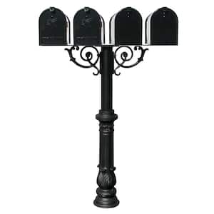 Hanford Quad Black Post Mounted Non-Locking Mailbox System with Scroll Supports, Ornate Base and 4 E1 Mailboxes
