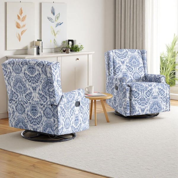 Navy Blue Pattern Linen Swivel Upholstered Metal Base Manual Recliner with Adjustable Footrest (Set of 2)