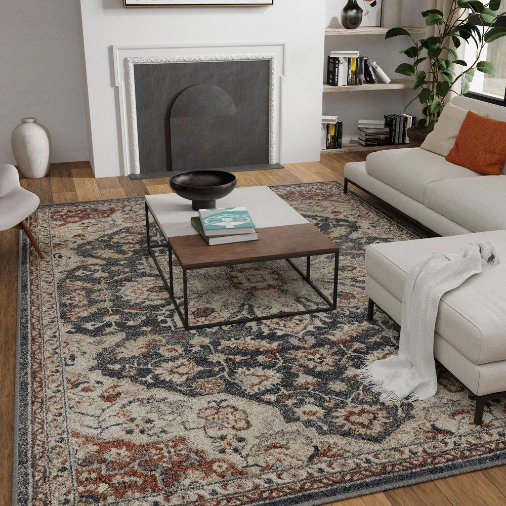 Blue and Beige 4' x 6' Oriental Synthetic Area Rug