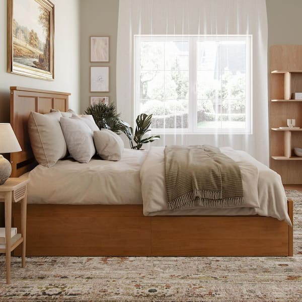 Madison Light Toffee Natural Bronze Solid Wood Frame King Platform Bed with Footboard and Storage Drawers