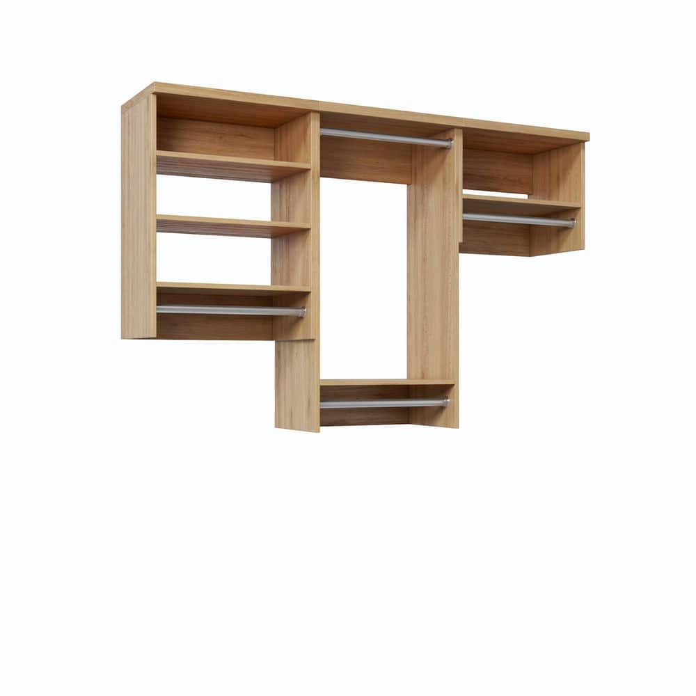 72 in. W Natural Oak Reach-in Wall-Mount 4-Rod 4-Shelf Wood Closet System