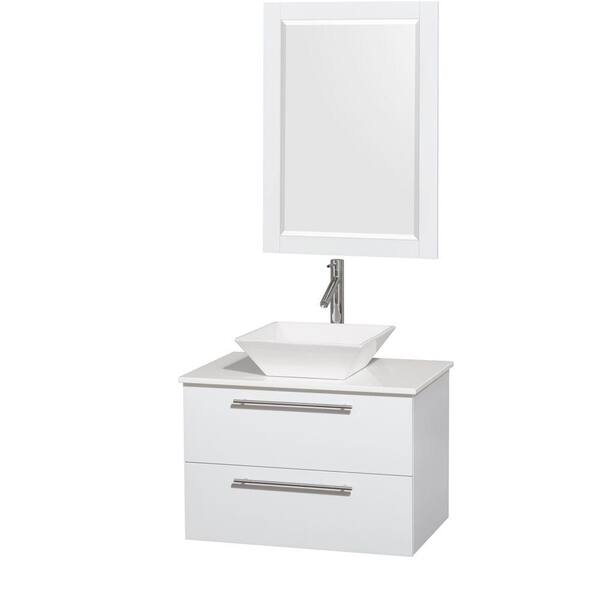 Wyndham Collection Amare 30 in. Vanity in Glossy White with Solid-Surface Vanity Top in White, Porcelain Sink and 24 in. Mirror