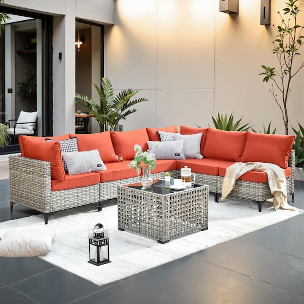 Coralia Gray 7-Piece Wicker Outdoor Sectional Set with Stripe Orange Red Cushion & Lighted Coffee Table for Patio