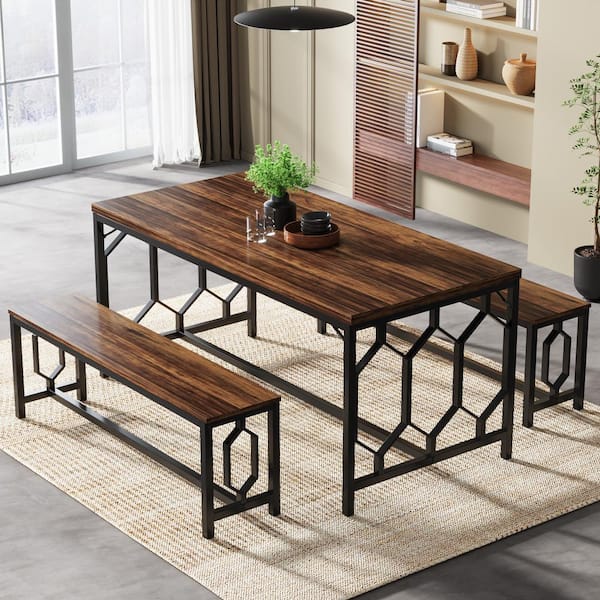 TRIBESIGNS WAY TO ORIGIN Alan Rustic Brown Wooden 55 in. Pedestal Dining Table Seat 4 to 6 with 2 Benches for Dining Room Kitchen