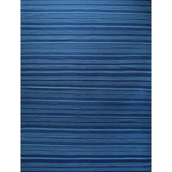 Blue Hand-Woven Wool Modern Flat Modern Weave, 8 ft. x 10 ft. Rug