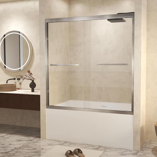 56-60 in. W x 60 in. H Double Sliding Frame Tub Door in Brushed Nickel with 6mm(1/4") Clear SCGG Tempered Glass