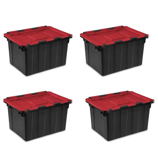 Sterilite 12 Gallon Hinged Lid Industrial Tote, Red Lid 14619006 (4 Pack)