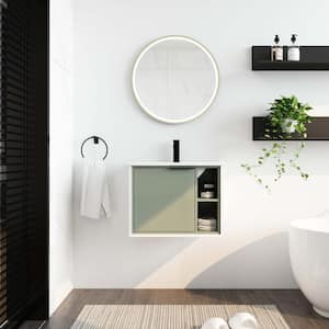 24 in. Green Wall-Mounted Plywood Bathroom Vanity with White Ceramic Sink and Soft-Close Cabinet Door