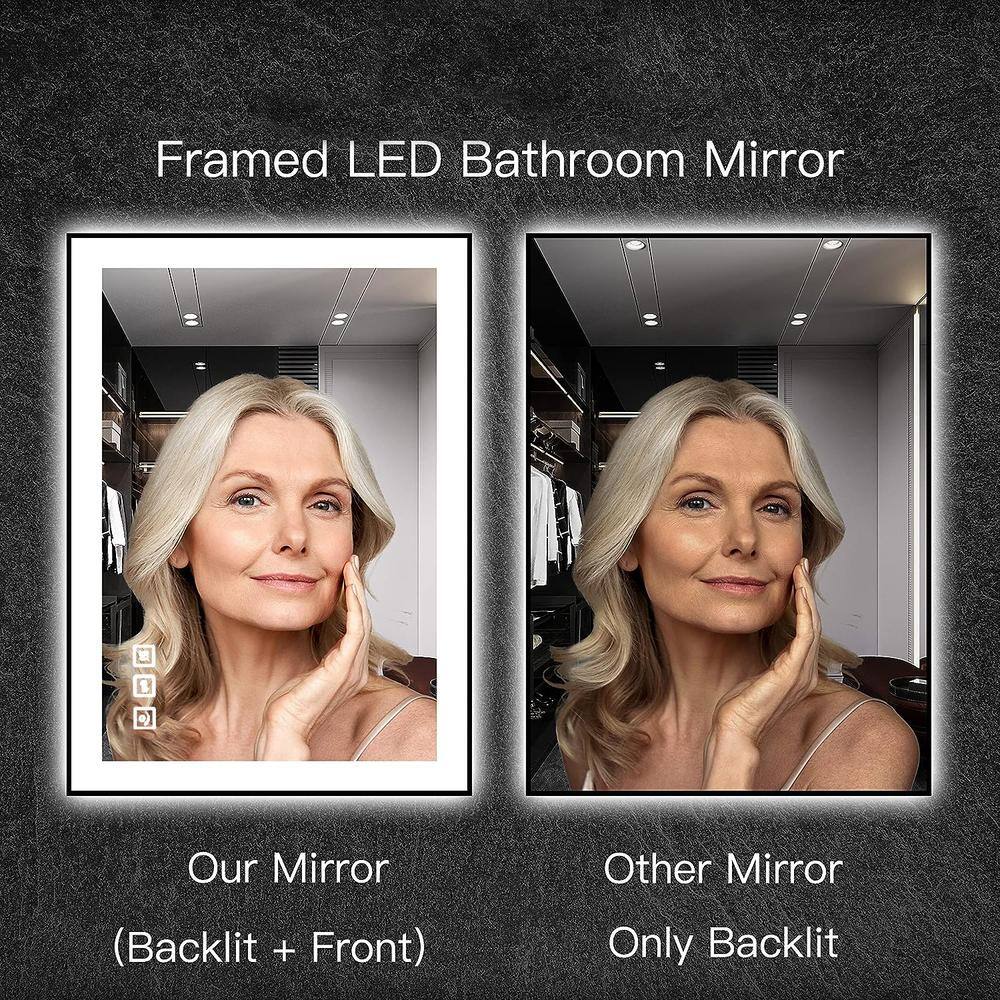 24x32 Inch Black Aluminum LED Vanity Mirror with Anti-Fog