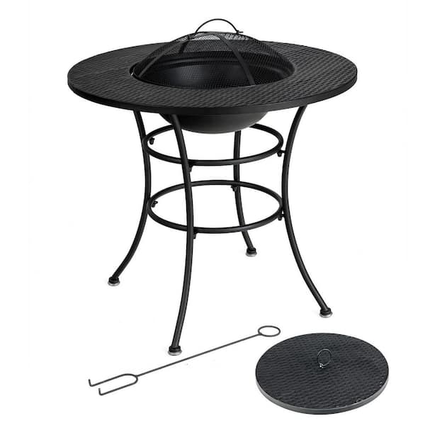 Gymax Black Patio Round Metal Fire Pit Dining Table Charcoal Wood Burning Cooking BBQ Grate