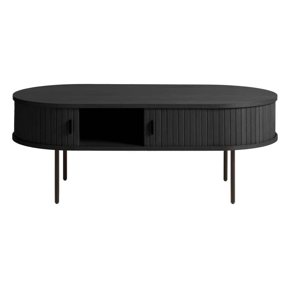 Retro Charcoal Black Oak Oval Coffee Table with Storage