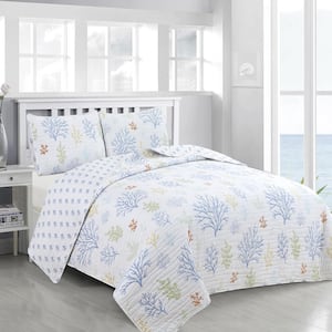 Blue Reversible Coral Themed Full/Queen Microfiber 3-Piece Quilt Set Bedspread