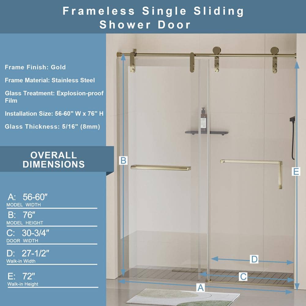 60" Gold Frameless Single Sliding Shower Door with Clear Tempered Glass