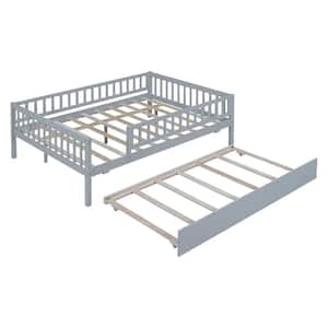 79.5 in. W x 57 in. D x 28.3 in. H Gray Wood Linen Cabinet with Full Size Daybed, Trundle and Fence Guardrails