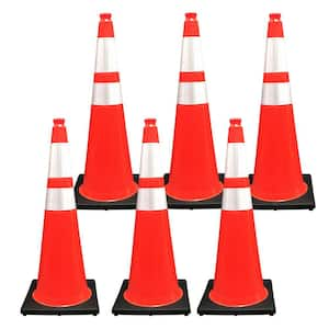 36 in. Orange Traffic Cone with Black Base and 4 in. and 6 in. Reflective Collars 10 lbs. (6-Pack)