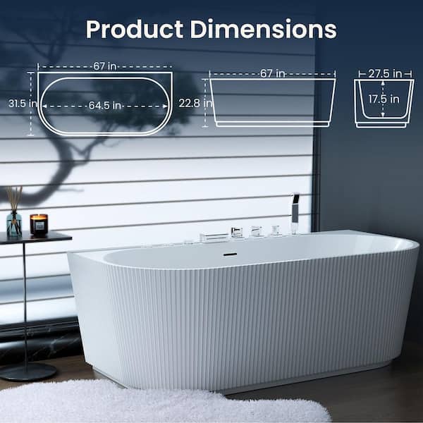 67 in. x 31.5 in. Freestanding Whirlpool Soaking Bathtub with Jetted Massage, Air Bubble and LED Light in White