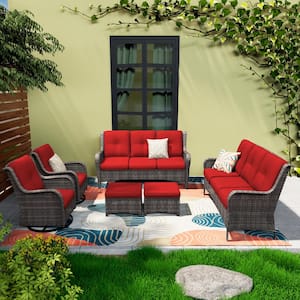 Brown 6-Piece Wicker Patio Conversation Set Rattan Seating Set with Red Cushion