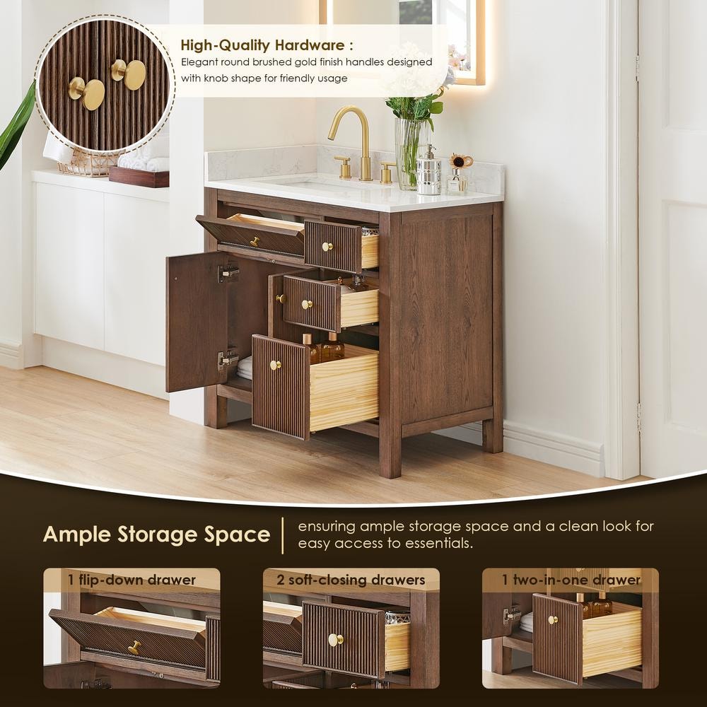 Cerrito 36" Brown Brushed Oak Vanity with White Stone Top