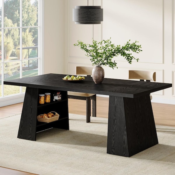 BYBLIGHT Roesler Black Wood 63 in. Double Pedestal Dining Table Seats 4-6, Modern Kitchen Table with Storage Shelves