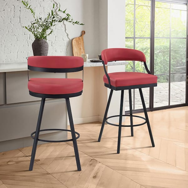 Brassica 31 in. Black Finish Metal Swivel Pub Height Chair with Red Faux Leather Seat (Set of 2)
