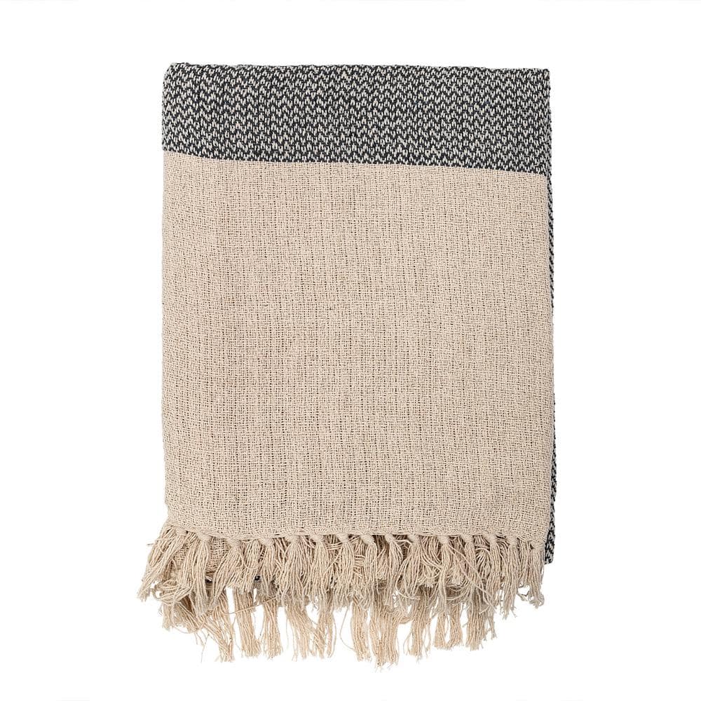 Grey and Cream Reclaimed Cotton Blend Knit Throw with Fringe