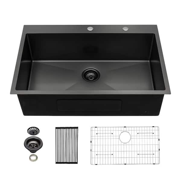 Sarlai 33 in. Drop-In/Topmount Single Bowl Gunmetal Black 16-Gauge Stainless Steel Kitchen Sink with Bottom Grid