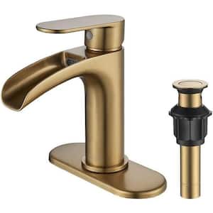 Brushed Gold Bathroom Faucet Single Hole, 6 in. Single Handle Waterfall Bathroom Word Bath Accessory Set