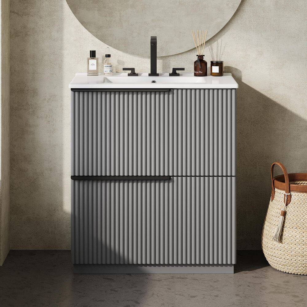 30 in. Freestanding Gray Bath Vanity with White Ceramic Top Unassembled, Full-Extension Drawers, Soft Close Drawers price history on PriceWatchPro