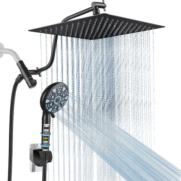 Rainfull 2-in-1 9-Spray Patterns Adjustable Fixed Shower Head with Filter 2.5 GPM and Handheld Shower Head in Black