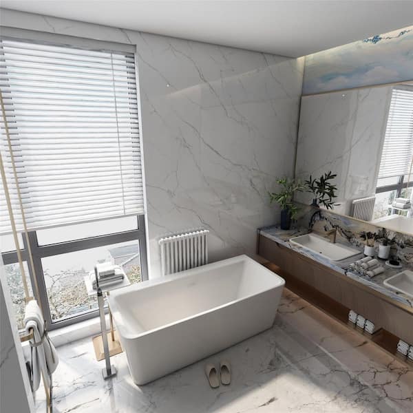 UKISHIRO 59 in. Acrylic Alcove Freestanding Flatbottom Soaking Bathtub in White