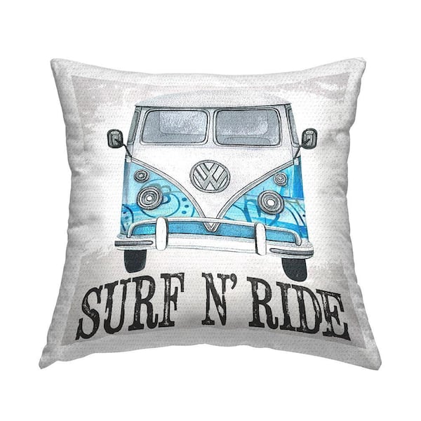 Surf N' Ride Retro Summer Bus Blue Square Outdoor Throw Pillow