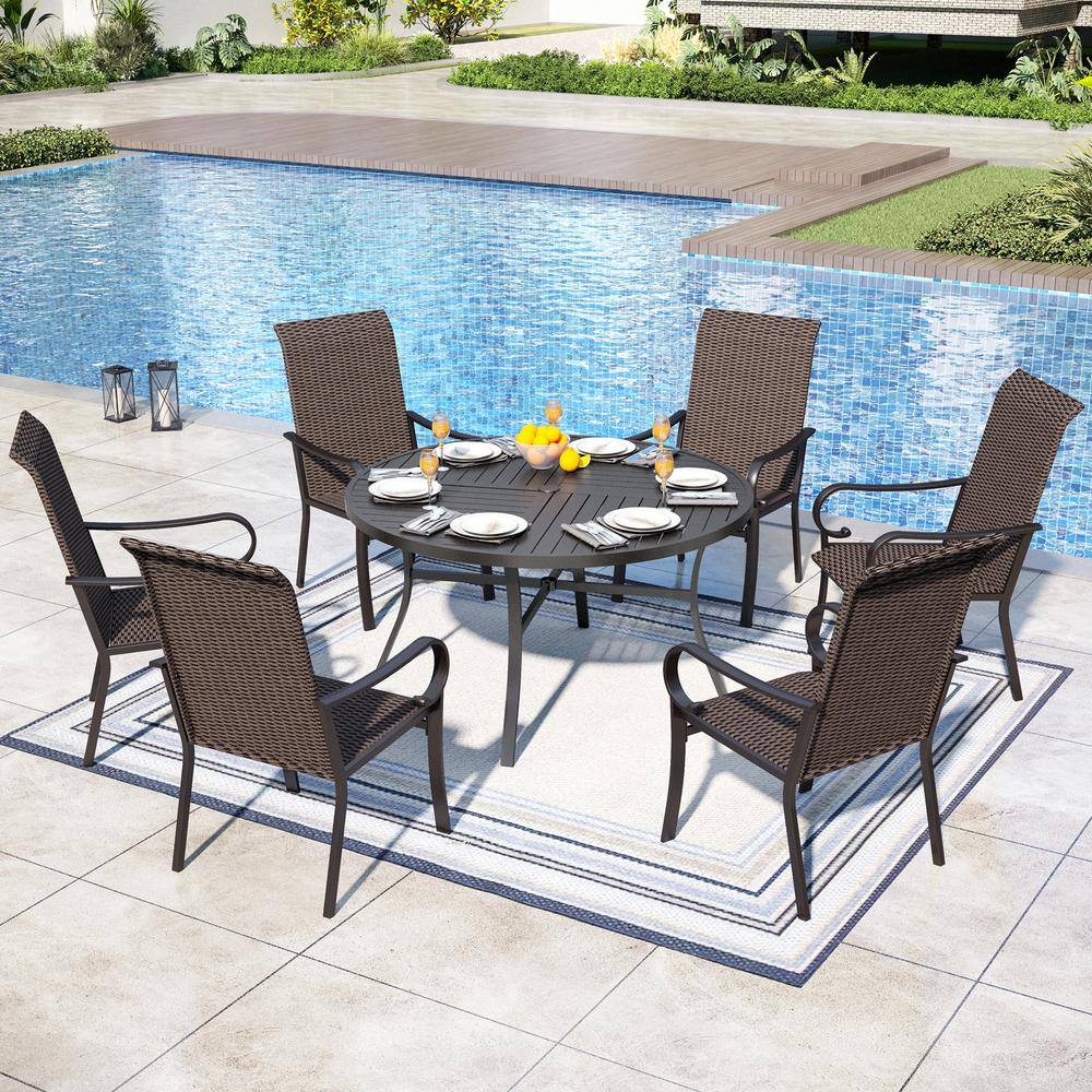 7-Piece Brown Wicker Round Outdoor Dining Set