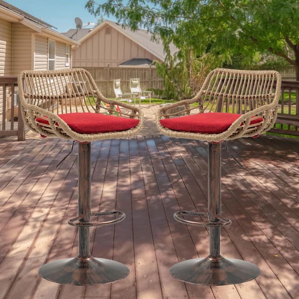 HOMEFUN 43 in. Swivel Anti-Bronze Metal Adjustable Outdoor Bar Stool with Red Linen Cushion Rattan Seat (Set of 2)
