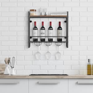 14-Bottle Wall Mounted Wine Rack Industrial 2-Tier Wood Shelf with 3 Stem Glass Holders