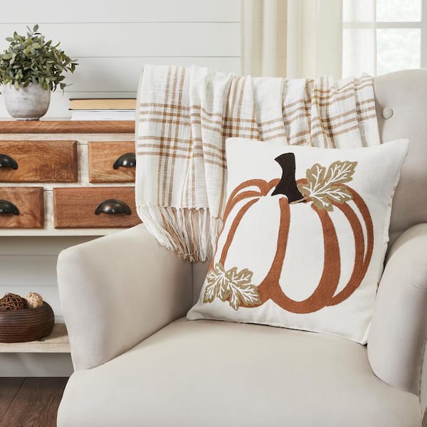 VHC BRANDS Wheat Plaid Golden Tan Soft White Harvest Pumpkin 18 in. x 18  in. Throw Pillow 80551 - The Home Depot