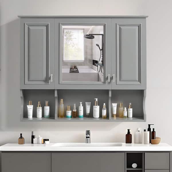 Andrea 35 in. W x 28.7 in. H Large Rectangular Grey Surface Mount Medicine Cabinet with Mirror with Open Shelves