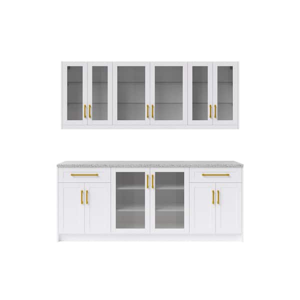 NewAge Products 7-Piece White Home Bar Cabinet Set with Contemporary Brushed Brass Handles