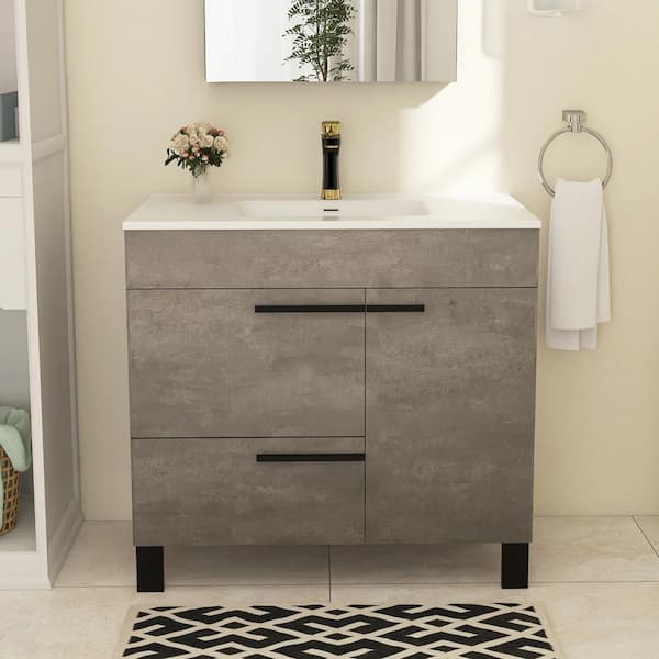 36 in. W x 18 in. D x 34 in. H Freestanding Bath Vanity in Concrete Grey with White Ceramic Top