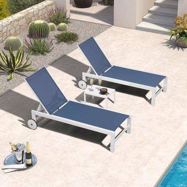 PURPLE LEAF Aluminum White Frame Outdoor Metal Patio Chaise Lounge with Side Table and Wheels, Indigo