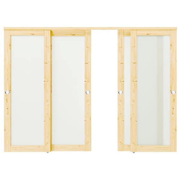 120 in. x 80 in. Light Brown Solid Pine Wood Double Full Lite Frosted Glass Sliding Door with All Hardware