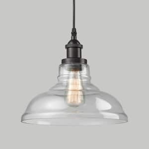 60 Watt 1-Light Black Finished Shaded Pendant Light with Clear Glass Glass Shade and No Bulbs Included