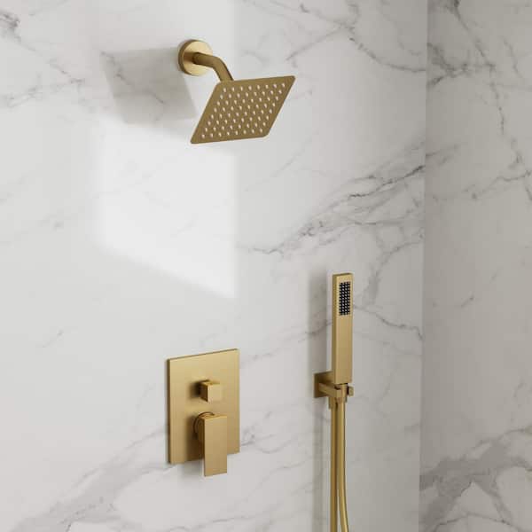 2-Spray Pattern Wall Mount 6 in. Square Shower Head with Single Handle Shower Handheld Faucet 2.5 GPM in Brushed Gold