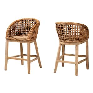 Mario 23.6 in. Natural Rattan Teak Wood Counter Stool (Set of 2)