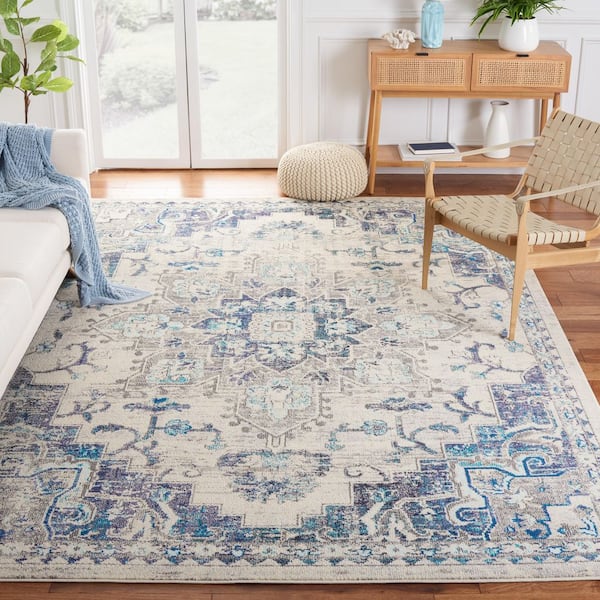 Madison Ivory/Grey 7 ft. x 7 ft. Border Geometric Floral Medallion Square Area Rug