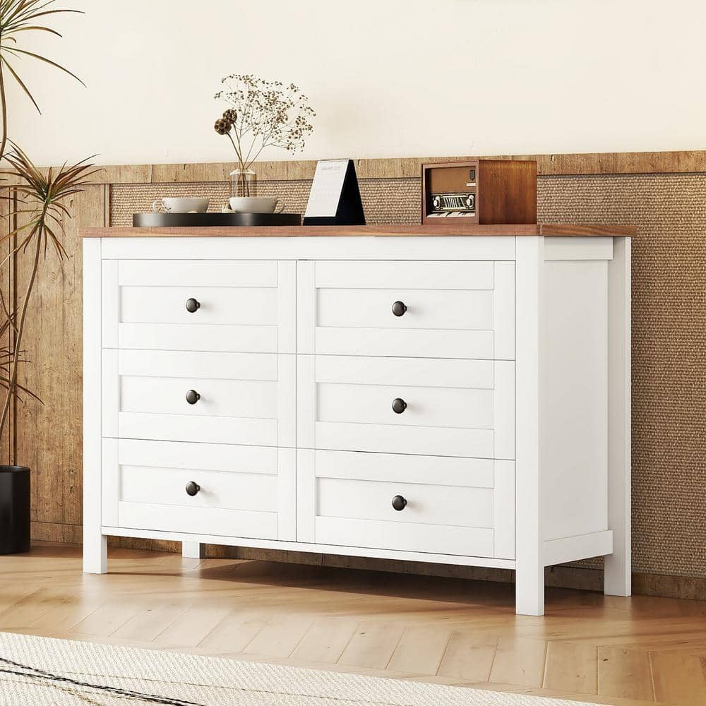 Retro Farmhouse Style White and Brown 6 Drawer 52.6 in. Wide Dresser