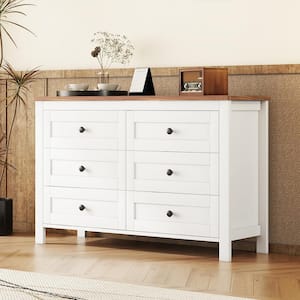 Retro Farmhouse Style White and Brown 6 Drawer 52.6 in. Wide Dresser