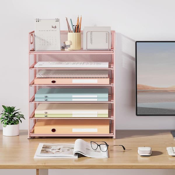 12.6 in x 13.5 in 2-Pack 6-Tier Pink Metal Paper Tray Organizer