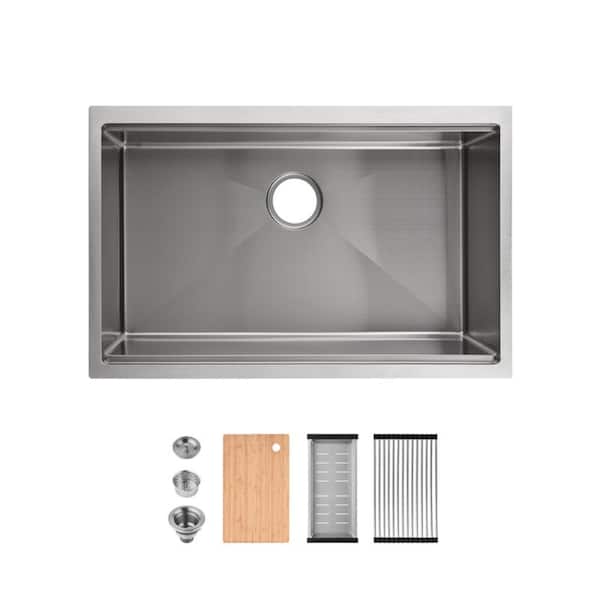 30 in. Undermount Single Bowl 20 Gauge Silver Stainless Steel Kitchen Sink with Drain